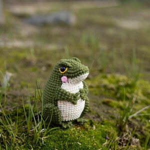 Puede incluir: Una rana de ganchillo hecha a mano en tonos verdes y blancos, con ojos amarillos y una mejilla rosa. La rana est&aacute; sentada sobre un lecho de musgo y hierba verdes. Es un art&iacute;culo artesanal caprichoso.