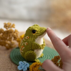 Puede incluir: Una rana de ganchillo hecha a mano en tonos verdes y crema, con ojos negros y detalles en naranja. La rana est&aacute; sentada sobre una estera circular verde, con un dedo tocando su nariz. Flores secas decorativas y una flor azul de ganchillo en el fondo.