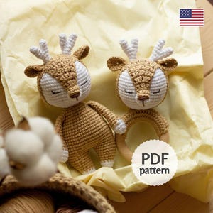 Patrón de juguete y sonajero de ciervo de ganchillo, patrón de animal amigurumi EN