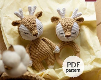Crochet Deer Toy and Rattle Pattern, Amigurumi Animal Pattern EN