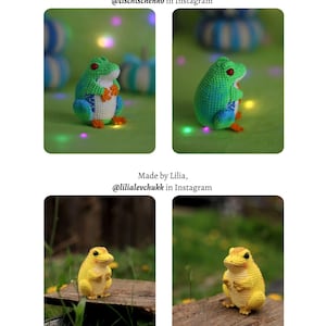 Puede incluir: Fotos de probadores de patrones de ranas de ganchillo. La imagen muestra dos ranas de ganchillo verdes y azules con ojos rojos y detalles en naranja, y dos ranas de ganchillo amarillas. El texto dice "Photos from Pattern Testers" y "Olya Samoseienko Frog Pattern | 6".