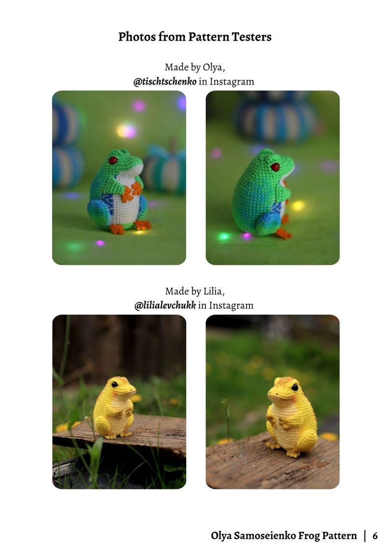 Puede incluir: Fotos de probadores de patrones de ranas de ganchillo. La imagen muestra dos ranas de ganchillo verdes y azules con ojos rojos y detalles en naranja, y dos ranas de ganchillo amarillas. El texto dice "Photos from Pattern Testers" y "Olya Samoseienko Frog Pattern | 6".