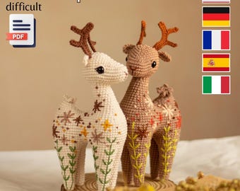 Flower deer amigurumi pattern, crochet animal pattern (Eng, Ger, Fr, Es, It)
