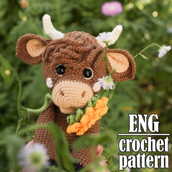 Patrón de crochet de vaca de las tierras altas, patrón de amigurumi de vaca de granja de crochet DIFÍCIL