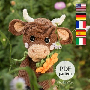 Patrón de ganchillo Amigurumi Vaca de las Tierras Altas (En, De, Fr, It, Es)