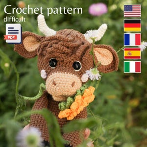 Highland cow crochet pattern, farm crochet cow amigurumi pattern (Eng, Ger, Fr, It, Es)