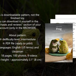 Puede incluir: Un patr&oacute;n de crochet para un juguete de rana. El patr&oacute;n es un archivo PDF con 18 p&aacute;ginas, 100 fotos y 9 videos. El juguete terminado mide aproximadamente 8 cm de alto. El patr&oacute;n est&aacute; disponible en ingl&eacute;s (t&eacute;rminos estadounidenses) y ucraniano.