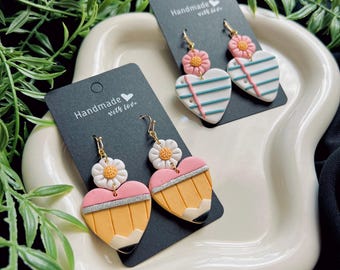 Teacher earrings/heart earrings/pencil and paper earrings/polymer Clay /school/teacher/student/ gifts/ teacher gifts/ handmade/ education