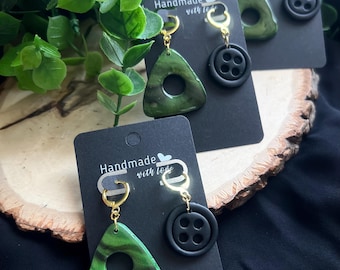 Coraline inspired Earrings/ Stone and Button Dangles/Polymer Clay Earrings/ horror/ Halloween