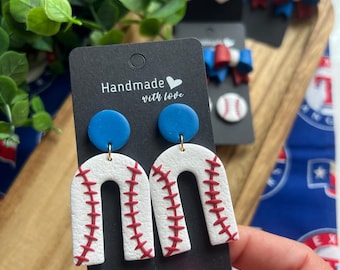 Texas Baseball Clay earrings/Baseball/ polymer Clay/ Game Day/ earrings/ Rangers/handmade/Fan jewelry/Sports