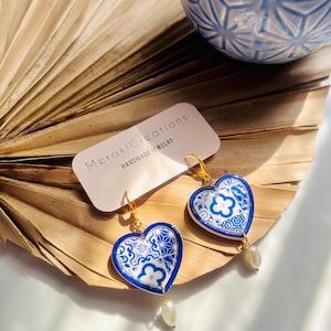 Talavera inspired| HEART| Mexican |Polymer Clay|Mexico |Clay|BLUE| gifts | gifts for her| heart earrings| handmade| birthday gift| unique