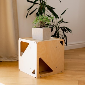 May include: A light wood cube-shaped side table with triangular cutouts and a small square concrete planter holding a green plant. The table is on a hardwood floor, with a large green plant in the background.