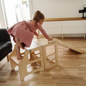 Kitchen tower with slide, 3-in-1 Transformable kitchen tower, Foldable kitchen tower, Montessori learning stool, Kitchen stool