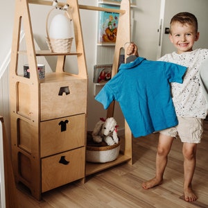 Children wardrobe Montessori clothing rack Wooden clothing rack Wood frame rack Toddler wardrobe Clothing rack with drawers Kids furniture