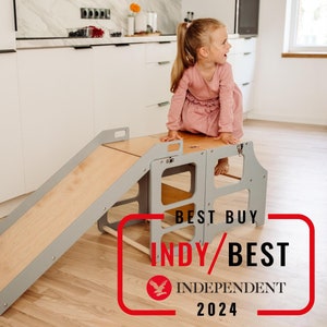 Kitchen tower with slide, 3-in-1 Transformable kitchen tower, Foldable kitchen tower, Montessori learning stool, Kitchen stool