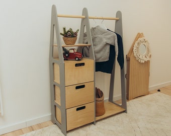 Children wardrobe Montessori clothing rack Wooden clothing rack Wood frame rack Toddler wardrobe Clothing rack with drawers Kids furniture