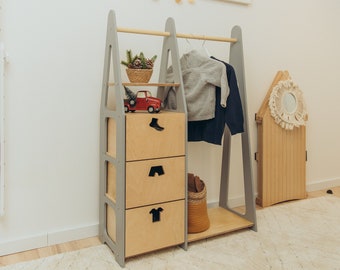 Children wardrobe Montessori clothing rack Wooden clothing rack Wood frame rack Toddler wardrobe Clothing rack with drawers Kids furniture