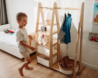 Children wardrobe Montessori clothing rack Wooden clothing rack Wood frame rack Toddler wardrobe Clothing rack with drawers Kids furniture