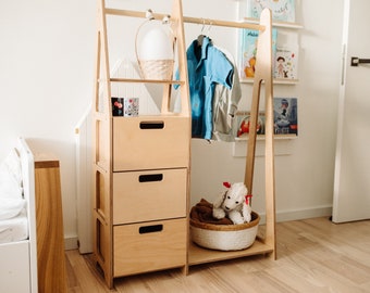 Children wardrobe Montessori clothing rack Wooden clothing rack Wood frame rack Toddler wardrobe Clothing rack with drawers Kids furniture