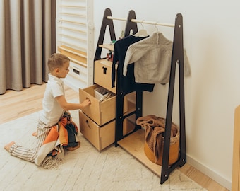 Children wardrobe Montessori clothing rack Wooden clothing rack Wood frame rack Toddler wardrobe Clothing rack with drawers Kids furniture