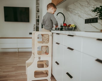 Torre de cocina plegable, torre de cocina 3 en 1, torre de cocina para niños, taburete, escritorio, tobogán, muebles Montessori, taburete de cocina