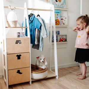 Penderie pour enfants Penderie Montessori Penderie en bois Penderie avec cadre en bois Penderie pour tout-petits Penderie avec tiroirs Meubles pour enfants