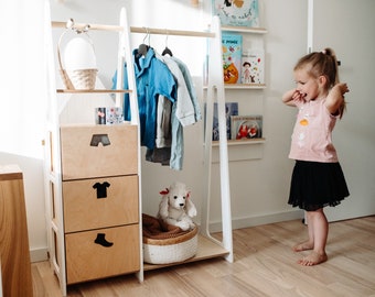 Children wardrobe Montessori clothing rack Wooden clothing rack Wood frame rack Toddler wardrobe Clothing rack with drawers Kids furniture