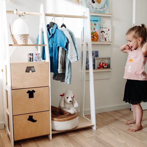 Children wardrobe Montessori clothing rack Wooden clothing rack Wood frame rack Toddler wardrobe Clothing rack with drawers Kids furniture