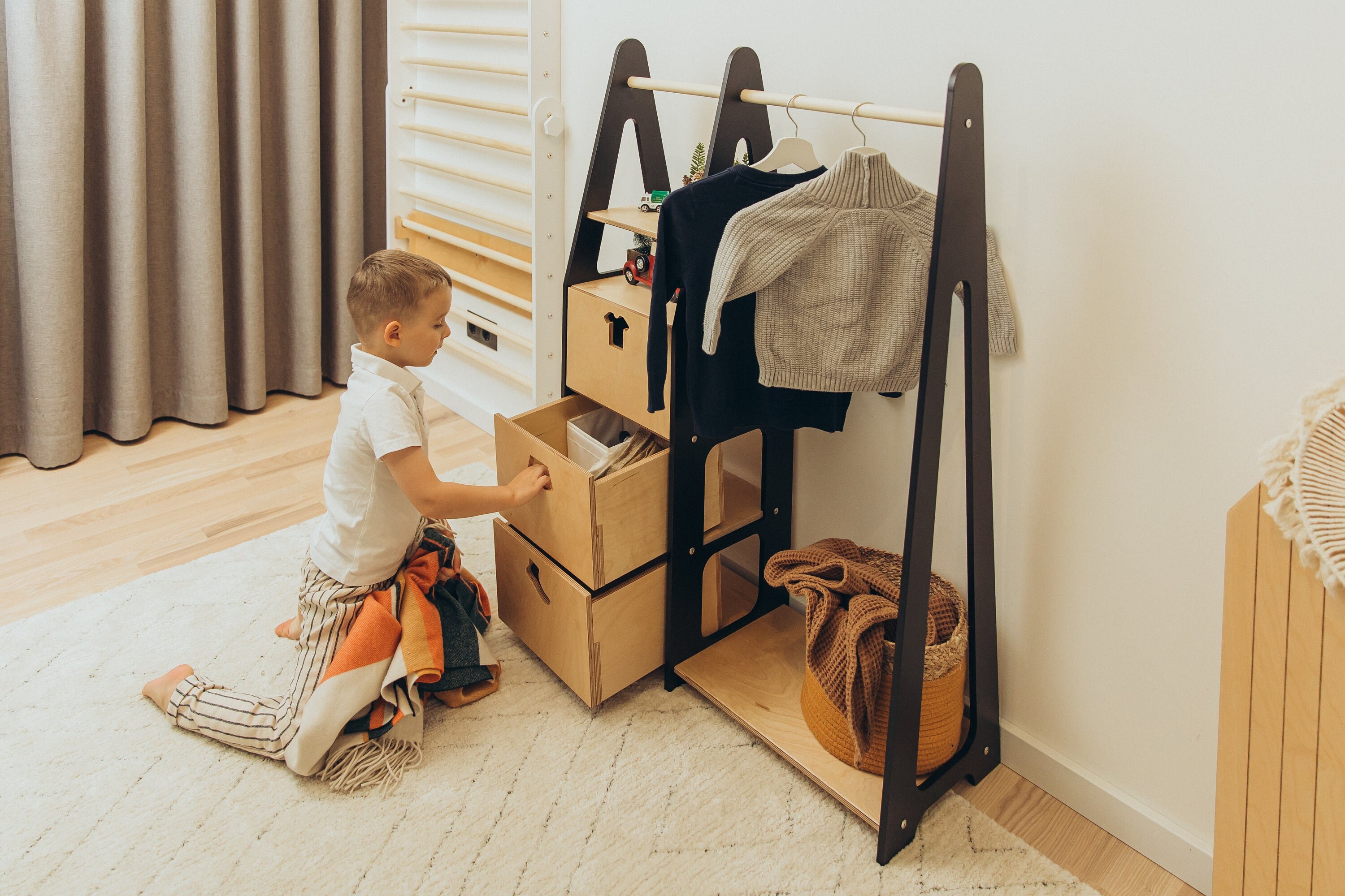 Penderie pour enfants Penderie Montessori Penderie en bois Penderie avec cadre en bois Penderie pour tout-petits Penderie avec tiroirs Meubles pour en