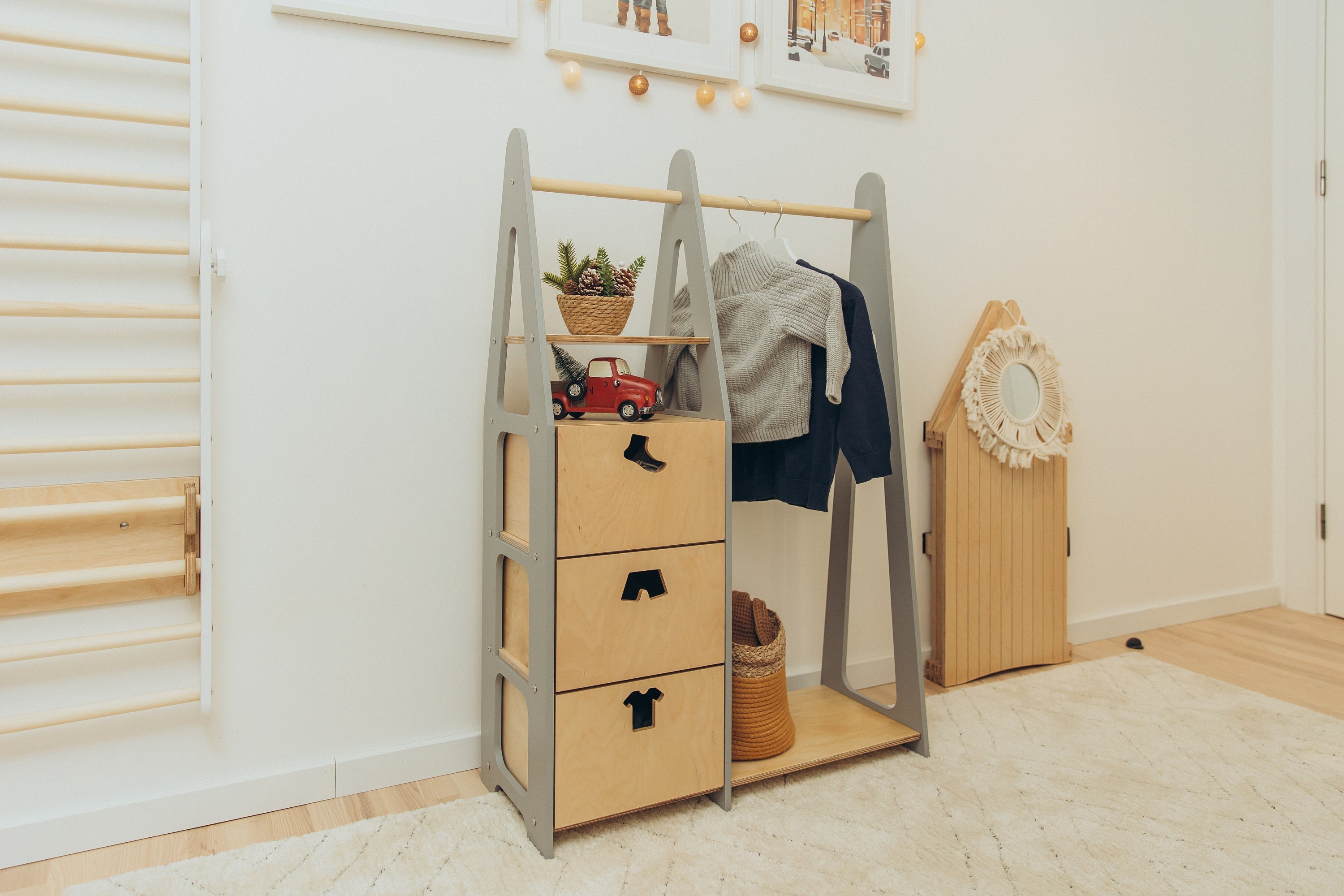 Penderie pour enfants Penderie Montessori Penderie en bois Penderie avec cadre en bois Penderie pour tout-petits Penderie avec tiroirs Meubles pour en
