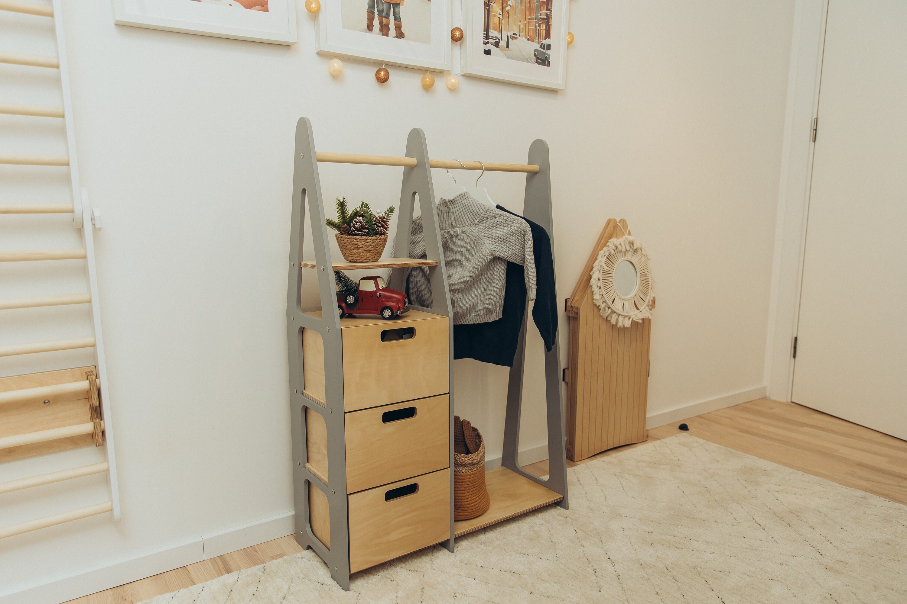 Penderie pour enfants Penderie Montessori Penderie en bois Penderie avec cadre en bois Penderie pour tout-petits Penderie avec tiroirs Meubles pour en