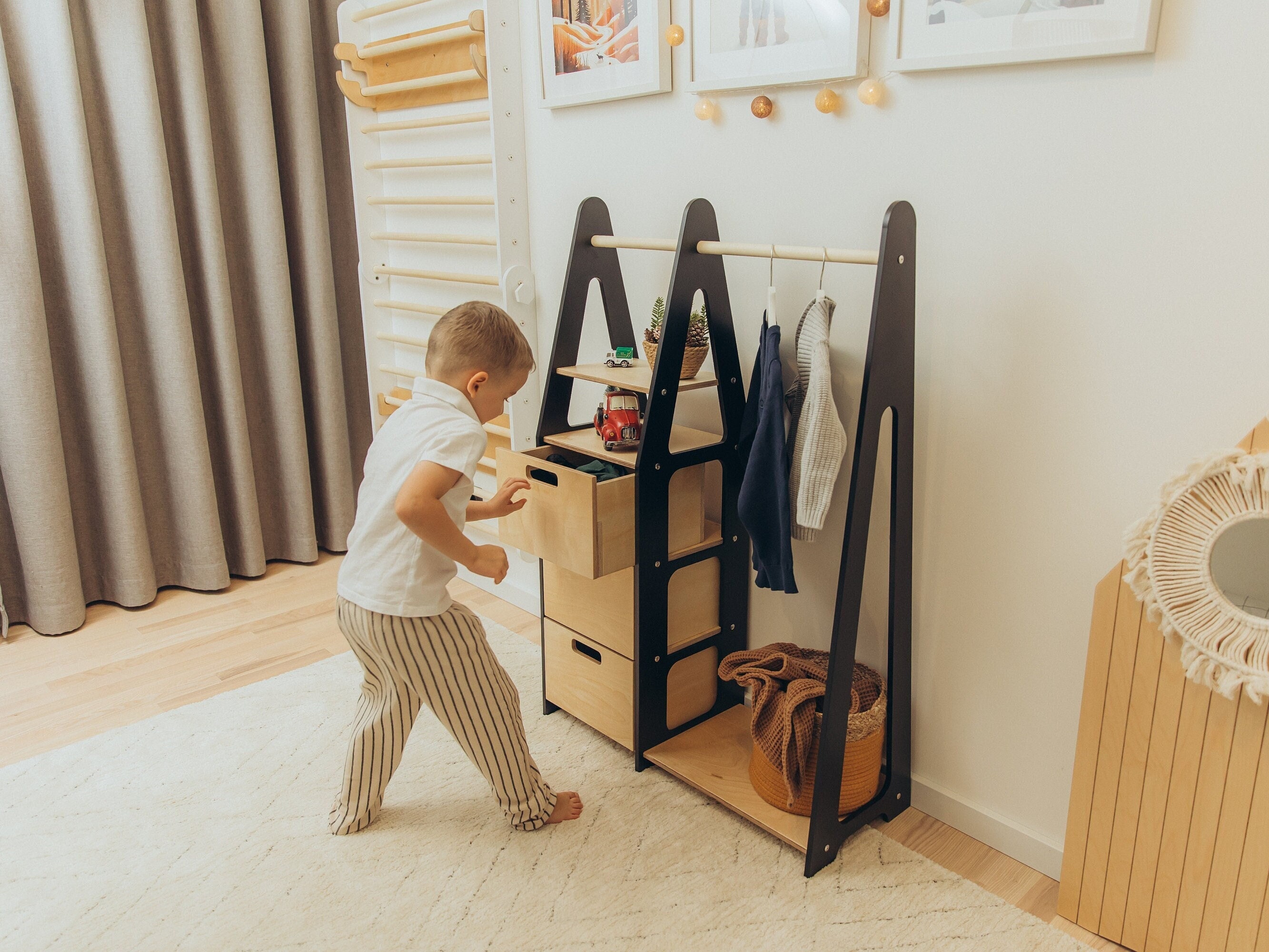 Penderie pour enfants Penderie Montessori Penderie en bois Penderie avec cadre en bois Penderie pour tout-petits Penderie avec tiroirs Meubles pour en