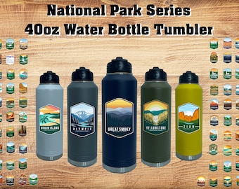 National Park Series - 40oz Water Bottle -Pick your Park and Your Color - UV INK PRINTED - Powder coated Stainless Steel Tumbler with Straw