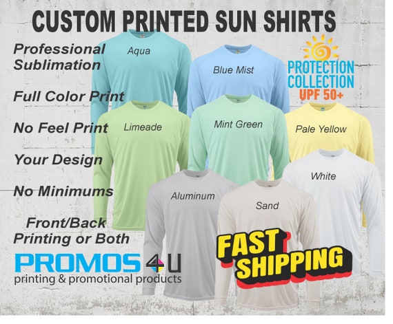 Custom Printed Long Sleeve 50 UPF PROTECTION Sun Shirt, Fishing Shirt,  Company Shirt, Family Reunion, Performance Shirt, Full Color 