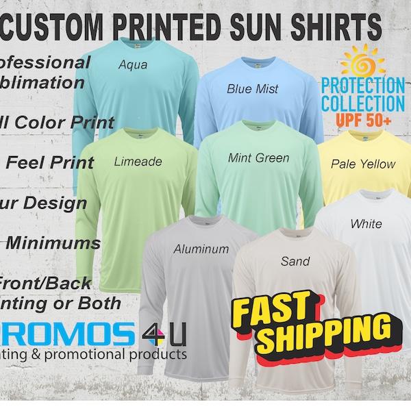 Custom Printed Long Sleeve 50+ UPF PROTECTION Sun Shirt,  Fishing Shirt, Company Shirt, Family Reunion, Performance Shirt, Full Color