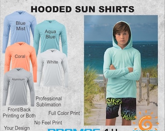 Custom Printed Youth HOODED Long Sleeve 50+ UPF PROTECTION Sun Shirt,  Fishing Shirt, Family Reunion, Performance Shirt, Full Color