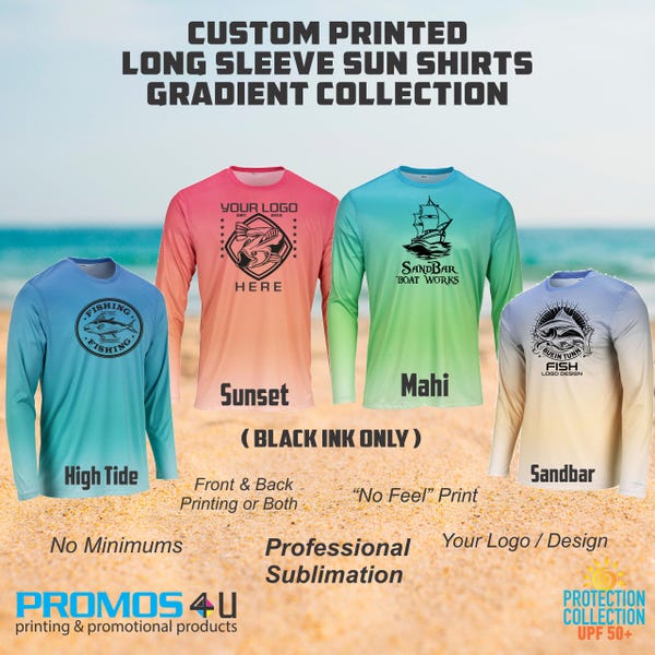 Custom Printed  Long Sleeve 50+ UPF PROTECTION Sun Shirt "Gradient Collection", Fishing Shirt, Boat Shirt, Performance Shirt, Company Shirt