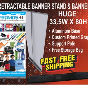Retractable Banner Stand 33.5wx80h  Family Reunion, Business Signage, Trade Show, Farmers Market, Side Walk Signage, Fast Free Shipping