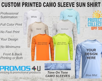 Custom Printed CAMO Long Sleeve 50+ UPF PROTECTION Sun Shirt,  Fishing Shirt, Company Shirt, Family Reunion, Performance Shirt, Full Color