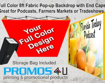 Custom Full Color 8ft x 7.5ft Backdrop with End Caps Podcasts, Farmers Market, Displays, Tradeshows.