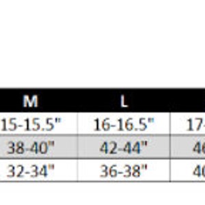 May include: Size chart for adult clothing with measurements in inches for neck, chest, and waist. Sizes include XS, S, M, L, XL, 2XL, 3XL, and 4XL.