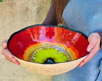 Duża, ręcznie robiona ceramiczna misa – serwer do owoców XL, kolorowa ozdoba centralna, prezent z ceramiki rzemieślniczej