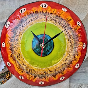Handmade Ceramic Wall Clock – Red Sun Glaze, Colorful Pottery Kitchen Decor