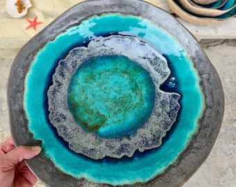 Ocean Inspired Ceramic Plate – Deep Blue Art Pottery, Wall or Table Decor, L