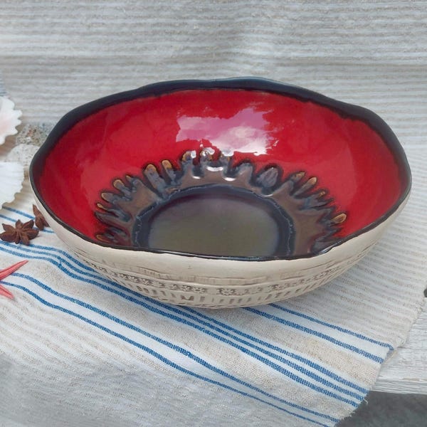 Handmade Fruit Red Bowl, Art Pottery Decor, Medium Ceramic Centerpiece, One of a Kind