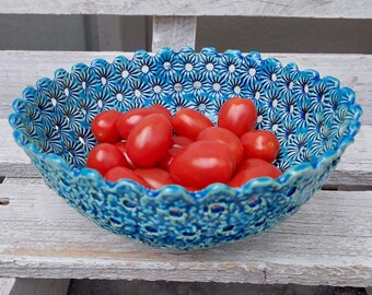 Blue Wedding Gift, Ceramic Berry Bowl, Unique Kitchen Art, Colander Bowls, Serving Dish, Handmade Pottery, Modern Ceramic, Housewarming Gift