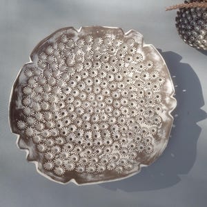 Puede incluir: Un plato decorativo de cerámica hecho a mano con un patrón floral único. El plato tiene una base marrón con un diseño floral blanco y un borde texturizado e irregular. Un jarrón a juego con flores secas está en el fondo.