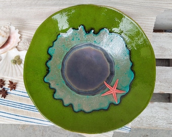 Green Tropical Large Wall Plate, Coastal Ceramic Art Decor, Ocean Inspired Statement Piece