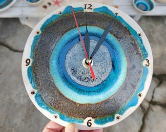 Unique Wall Clock, Blue Art, Ceramic Clock, Blue Home Decor, Pottery Handmade, Round Wall Clock, Modern Kitchen Wall Decor, Christmas Gift