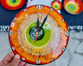 Handmade Red Ceramic Clock, Unique Art, Wedding Gift, Wall Round Clock, Home Decor, Pottery Clock, Kitchen Clock, Wall Decor, Modern Design